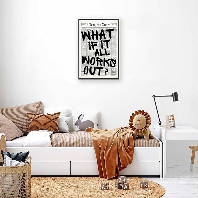 Retro Black And White Newspaper Poster What If It All Works Out Canvas Wall Art Positive Affirming Quote Minimalist Prints Painting For Home Bedroom Dorm Wall Decor 24x36in Framed