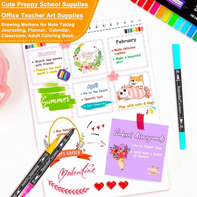 Soucolor Art Brush Markers Pens for Adult Coloring Books, Christmas Gifts Stocking Stuffers for Teen Girls Art Supplies, 34 Colors Numbered Dual Tip (Brush and Fine Point) Drawing Markers for School