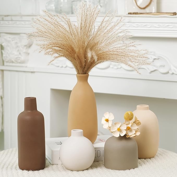 Modern Ceramic Vase Set of 5, Vases Home Decor Rustic Farmhouse Decorative | Vase Pottery Vases for Bouquet Pampas Grass Dried Fresh Flowers, Table Living Room Kitchen Bedroom
