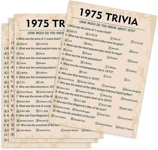 50th Birthday Party Games, 1975 Trivia Games, Birthday Party Supplies for Adults, Fun 1975s Party Game，Pack of 30 Cards