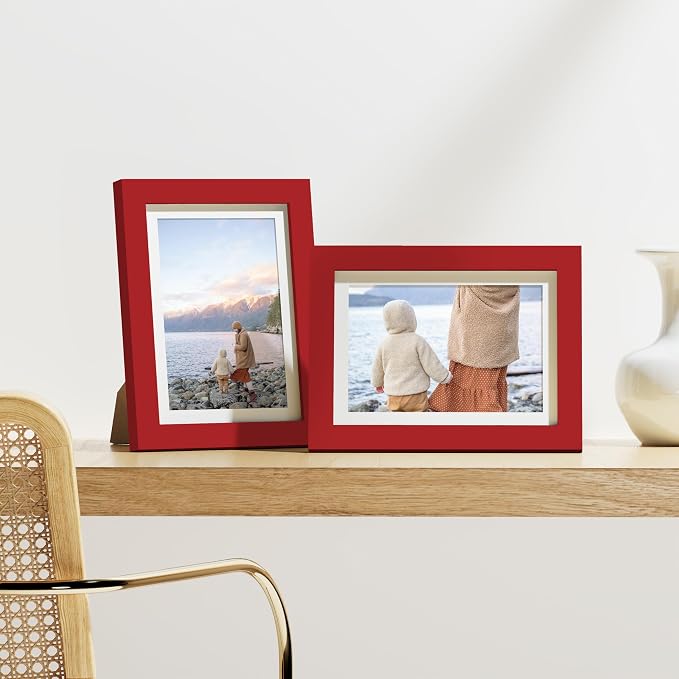 Vittanly 5x7 Picture Frames Set of 9 for Wall or Tabletop Display, Red | Display Pictures 4x6 with Mat or 5x7 without Mat, Small Photo Frames, Engineered Wood with Shatter Resistant Plexiglass