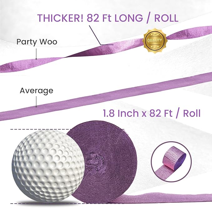 PartyWoo Crepe Paper Streamers 6 Rolls 492ft, Pack of Metallic Silver, Light Purple, Lilac, Lavender Purple, White Crepe Paper for Birthday Decorations, Baby Shower Decorations (1.8 Inch x 82 Ft/Roll)