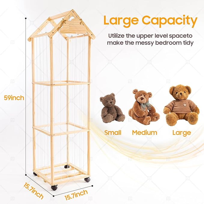 Stuffed Animal Storage,Stuff Animal Organizer Display Wood Zoo Animals Toy Holder with Length Adjustable,360° Swivel Wheels Simple Installation for Nursery Play Room Bedroom