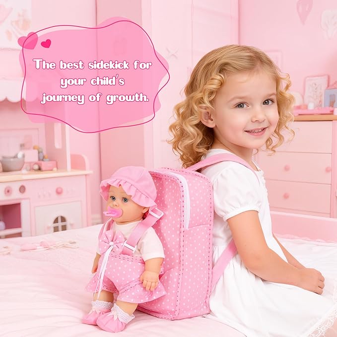 12'' Baby Doll Playset with 4 Outfits Backpack, 12 Inch Realistic Baby Dolls with Clothes Backpack and 2 Bottles Bib Quilt Nipple Socks, Pretend Play Baby Doll Gift for Toddlers Girls Age 3+