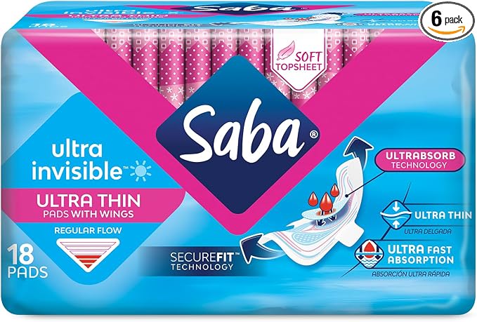 Saba Ultra Invisible Ultra Thin Regular Flow Pads with Wings and SecureFit Technology, 6-Pack of 18 Pads (108 Count)
