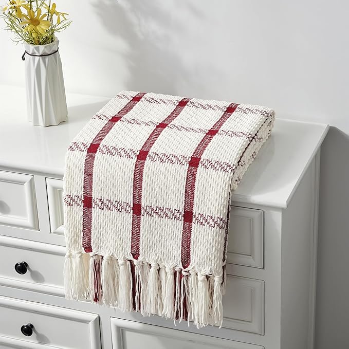 CREVENT 50"X60" Farmhouse Breathable Soft and Warm Chenille Plaid Throw Blanket for Sofa Couch Bed, Home Decoration Throw with Tassles (Red & White)
