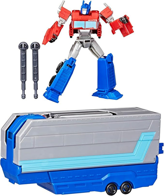TRANSFORMERS EarthSpark Optimus Prime Battle Trailer Playset with Action Figure, Lights and Sounds, Electronic Truck Toys for Kids 6 and Up