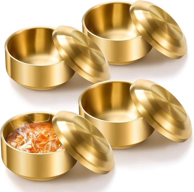 Reallnaive 4 Sets 17 oz Stainless Steel Korean Soup Rice Bowl with Lid for Cereal Kitchen Restaurant Double-walled Anti Scalding Metal Bowls for Soup Salad Noodles Insulated