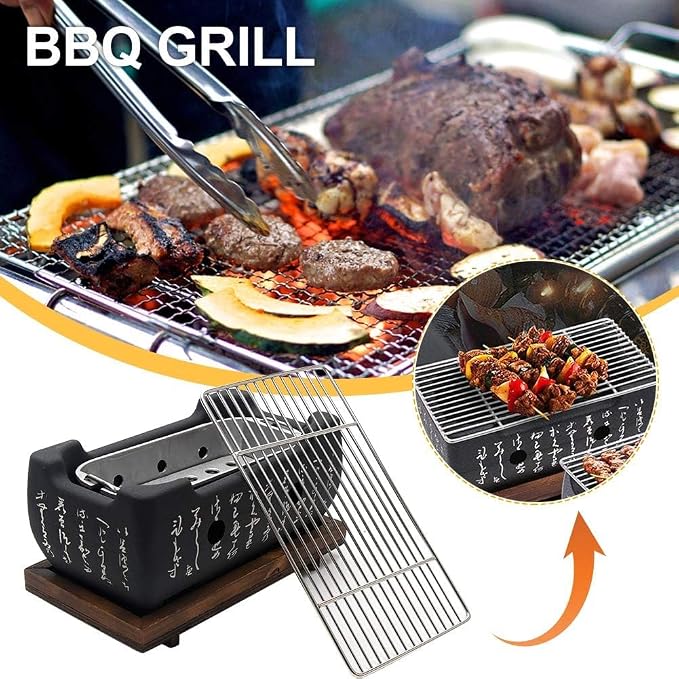 Japanese Hibachi Grill, Portable Tabletop Yakitori Charcoal Grill for Indoor Outdoor BBQ with Wooden Base & Cooking Grate 4.9x4.5x9.4in