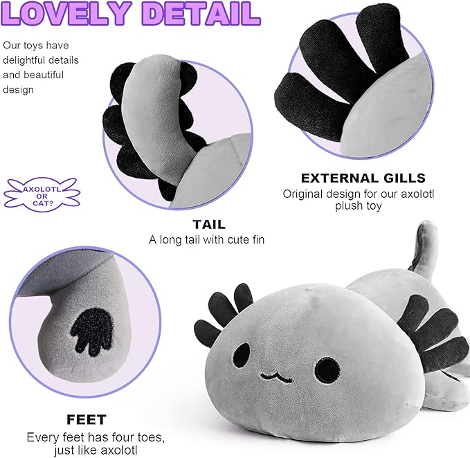 Onsoyours Cute Axolotl Plushie, Soft Stuffed Animal Salamander Plush Pillow, Kawaii Plush Toy for Kids (Gray Axolotl, 13")