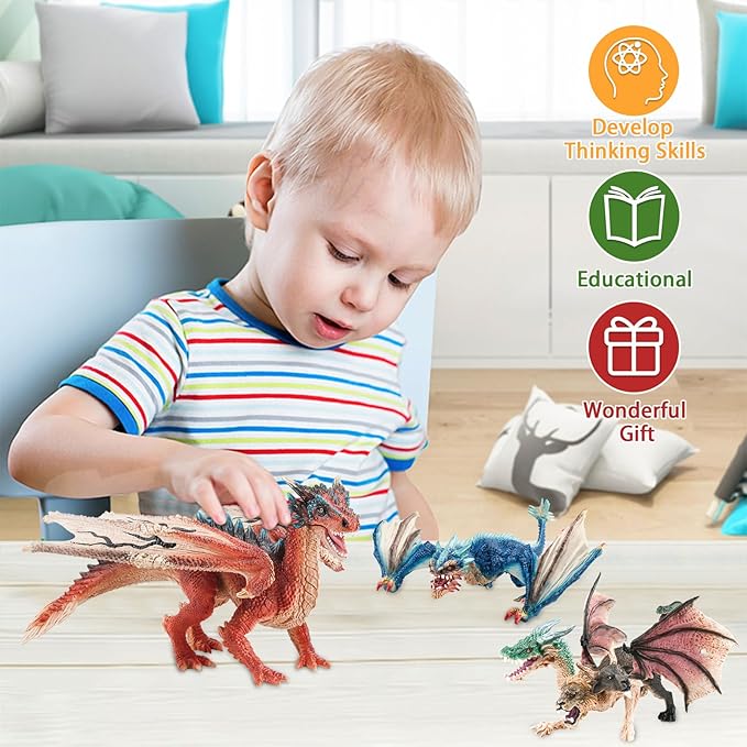 Mostop Dragon Toy Figures, 9’’ Realistic Battle Dragon Toys, 3 PCS Ancient Flying Dragon Figurines Plastic Fire Creature Dragon Models Decoration,Dragon Action Figure Kids Toys for Boys Girls Age 3+