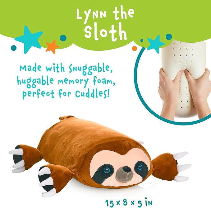 Cuddly Memory Foam Pillow Plush with Belly Pocket, Kids Pillow for Hugging Sleeping & Storing Diary, 15” Stuffed Animal & Journal Set - Lynn The Sloth