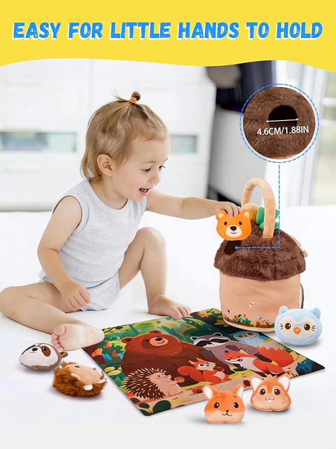 Baby Toys 6-12 Months Forest Farm Animal Stuffed House Set with Map Hazelnut Stuffed Farm Animals Rattle Squeaker Montessori Toys for Babies Sensory Infant Toy Toddler Gift 1-3 Year Old