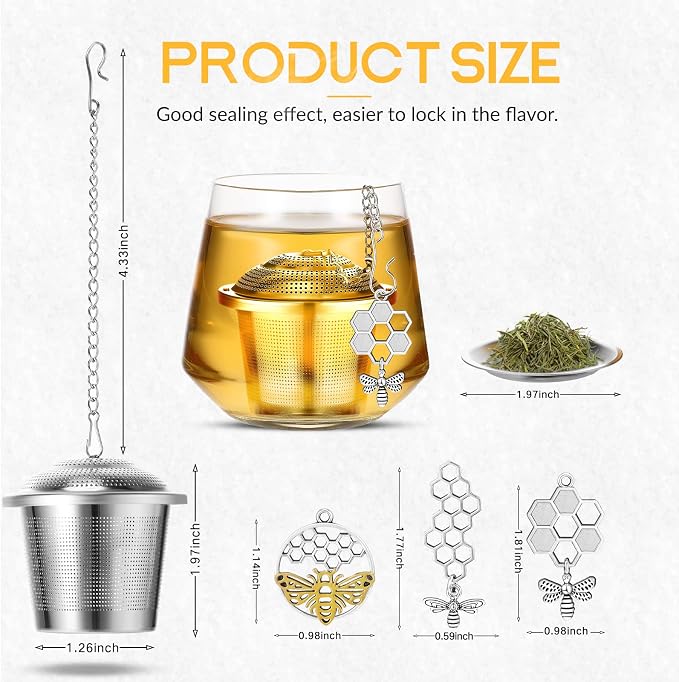 3 Sets Tea Infusers Steeper for Loose Leaf Tea Holder Stainless Steel Tea Ball Mesh Strainer Filters with Drip Trays and Pendant(Bee Style)