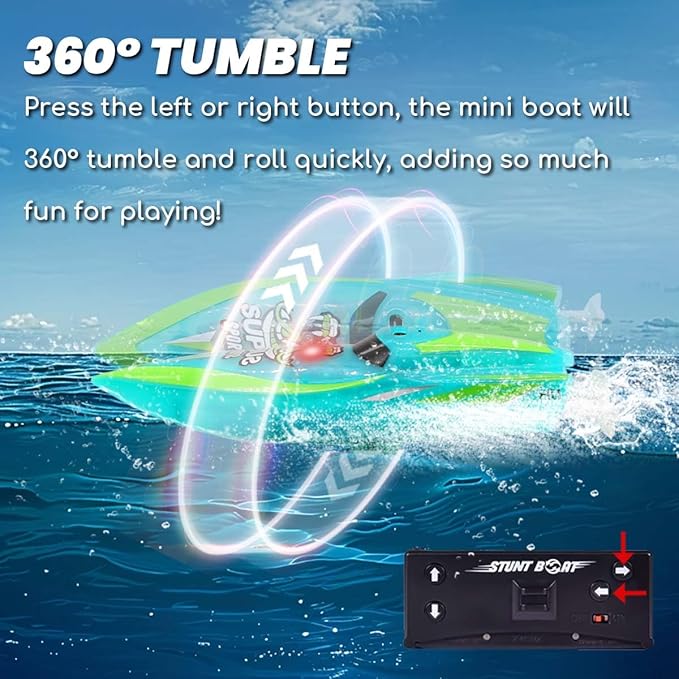 Mini Remote Control Boat RC Boat 2.4Ghz 360 Rotating LED Light bulit-in Rechargeable Battery Pool BathtubToys Remote Control Boats for Kids 8-12 Years Birthday Gift Green