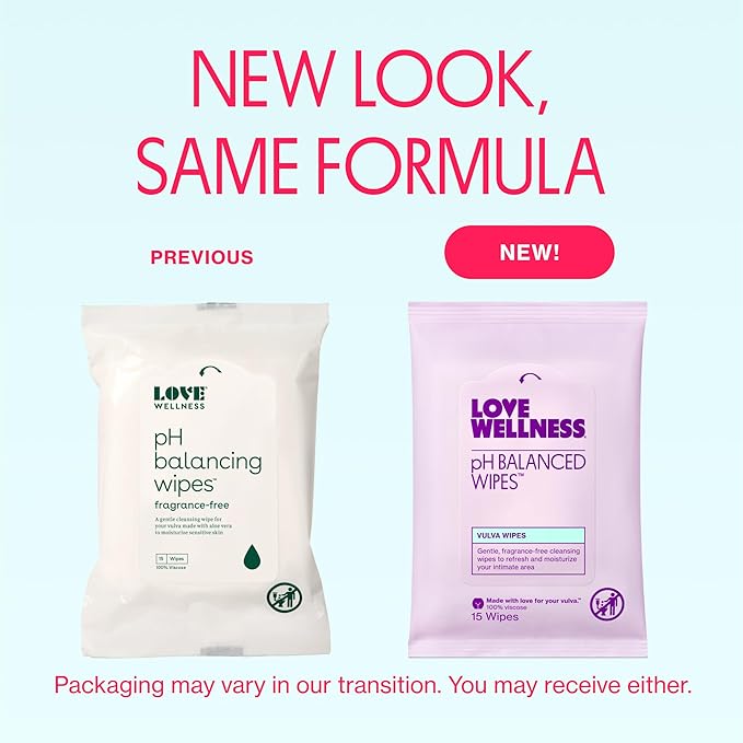 Love Wellness pH Balanced Wipes for Women | Feminine Hygiene for Cleansing with Aloe Vera | Fragrance-Free Intimate Health | Moisturizing, Soothing & Calming for Sensitive Skin | Travel Size | 2-Pack