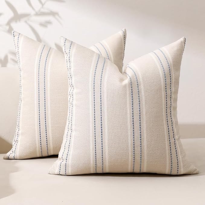 Hckot Dusty Blue Decorative Pillow Covers Stripe Throw Pillow Covers 18x18 | Set of 2 Farmhouse Decorative Pillows Textured Square Cushion Covers for Sofa Couch Bed Living Room Decor
