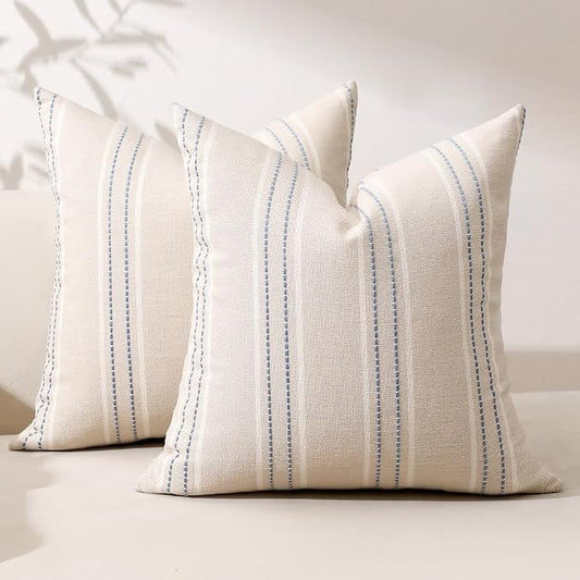 Hckot Stripe Throw Pillow Covers 26x26 Large Square Lake Blue Pillow Cover | Farmhouse Decorative Pillows Textured Linen Euro Sham Cushion Covers for Sofa Couch Bed Living Room Decor