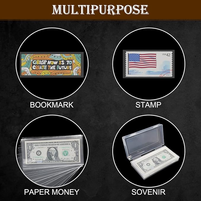 200 Pieces Dollar Bill Holder with Storage Box, 6.8 x 3.18 inch Clear Paper Money Sleeves,Currency Sleeves, Silver Dollar Coin Holders Organizer for Cash Collectors Banknotes,Stamp