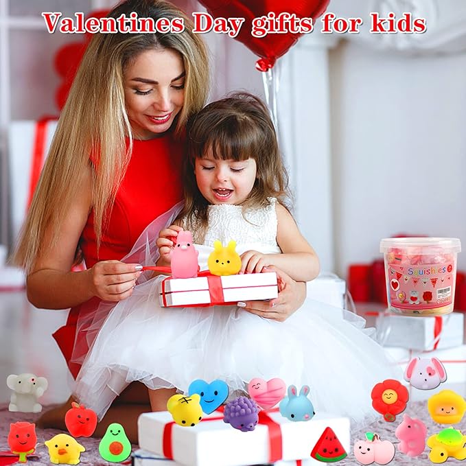 KINGYAO Valentines Day Gifts for Kids-24 Pack Squishy Valentines Toys for Toddlers Teens Valentines Squishies Mochi Fidget Toys Classroom School Prize Party Favors for Boys Girls Ages 4-8 8-12