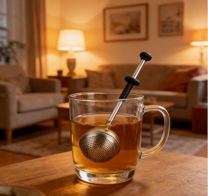 Stainless Steel Tea Strainer for Loose Tea with Silicone Good Grip Long Handle, Fine Mesh Tea Infuser Ball Dusting Wand for Flour n Sugar