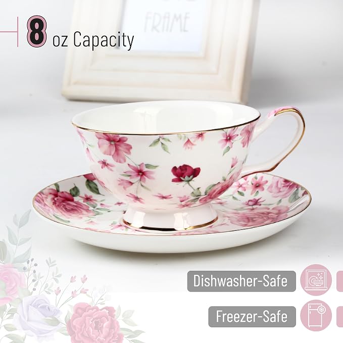 BTaT- Floral Tea Cups and Saucers, 8 oz, Fine Porcelain Teacup Set with Gold Trim for Afternoon Tea, Weddings, Parties & Gifting, Dishwasher Safe, Lightweight, Non-Toxic, Set of 6