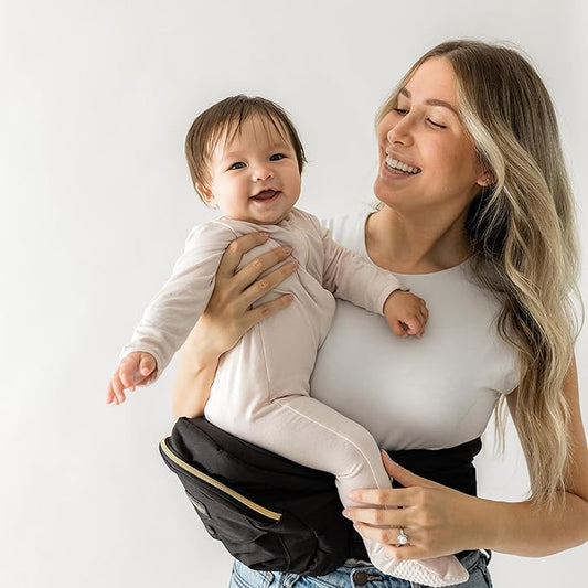Tushbaby Original Hip Seat Baby Carrier for Babies & Toddlers up to 45 lbs, Safety Certified, Lightweight No-Foam Design with Storage & Nursing Support, Black & Gold