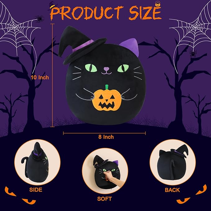 Halloween Cat Stuffed Animal Toy Cute Witch with Pumpkin Stuffed Plush Home Decor Halloween Party Gifts for Kids Girls and Boys（Witch Pumpkin Cat, 10 Inch）