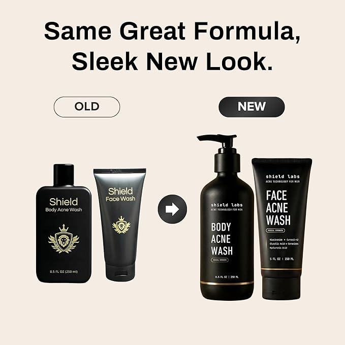 Shield Acne Wash Bundle for Men and Boys – Deep Clean Gel Formula Face Wash and Unscented Back & Chest Cleanser, Clears Acne & Breakouts, 13.6 oz