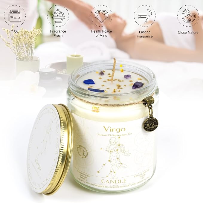 Zodiac Sign Candles, Zodiac Crystal Sign Candles,Astrology Scented Candles Best Friends Gifts for Women, Men Sister Brother Zodiac Funny Birthday Gift Candle Jar (Virgo)