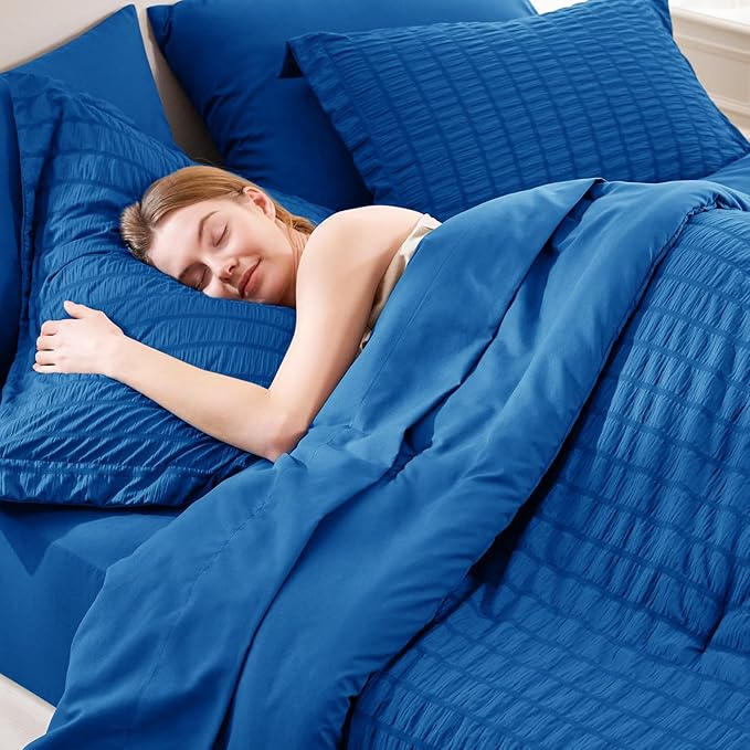 CozyLux King Size Comforter Set Classic Blue Seersucker 7 Pieces Bed in a Bag King Comforter Set with Sheets, Luxury Bedding Set with Down Alternative Comforter, Sheets, Pillowcases & Shams All Season