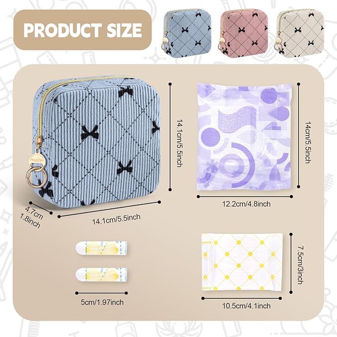 Period Bag for Teen Girls, Corduroy Cute Sanitary Napkin Storage Bag, Menstrual Pad Pouches Tampon Holder for Purse (Black-Purple Bow)