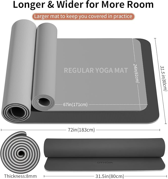 Extra Thick 8mm Yoga Mat, 72"x28" Non Slip Exercise Mat, Reversible 2-Sided Dual Color Premium POE Material, with Carrying Strap for Yoga, Pilates, Home Gym