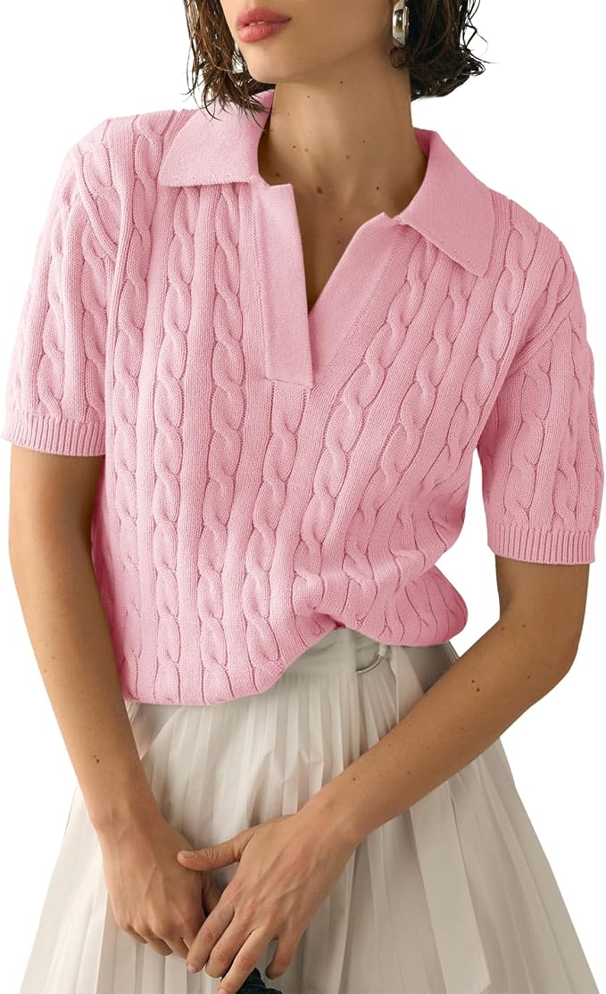 Imily Bela Womens Cable Short Sleeve Sweaters Tops Lapel V Neck Knit Shirt | Solid,Knit Casual,Soft Pullover,Fall Sweaters,Womens Summer Work Tops
