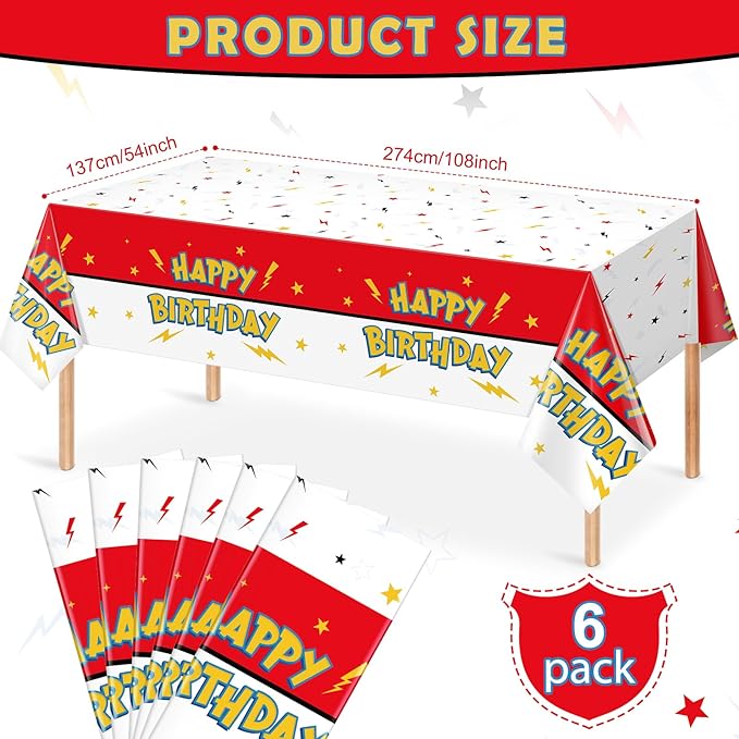 6 Pack Red White Birthday Tablecloth Party Decorations, Lightning Bolts Plastic Table Cloth, Disposable Cartoon Table Cover for Kids Birthday Baby Shower Party Supplies Decorations, 54” x 108”