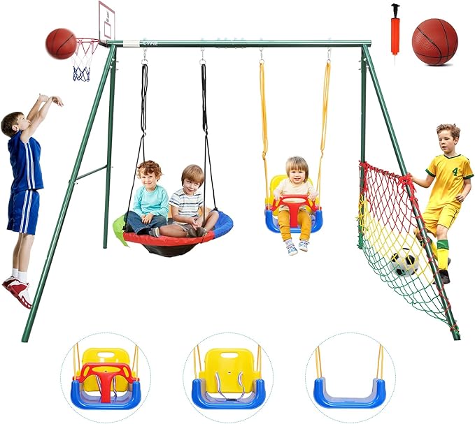 CYFIE Swing Sets for Backyard, 7-in-1 Kids Swing Set and Saucer Swing, Outdoor 440lbs Heavy Duty Metal Frame Stand, Basketball Hoop and Soccer Goal, Toddler Playset for Backyard, Playground