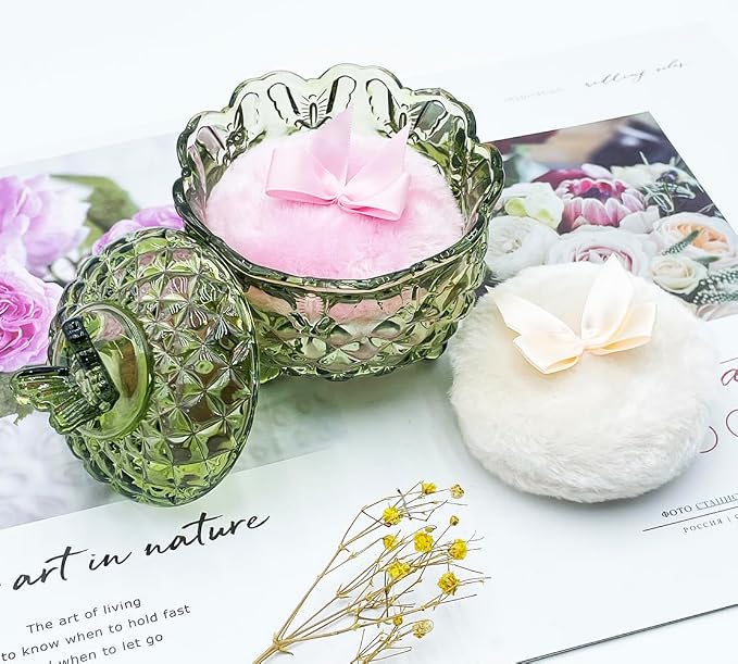 Luxury 4 Inch Glass Powder Container with 2 Soft 3.5" Puffs｜Non-Sealed Refillable Organizer for Body Powder, Makeup & Jewelry｜Setting Powder Applicator w/Loose Powder Storage(Butterfly-Olive Greenl)