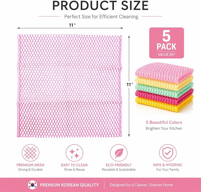 OliviaTree Dish Scrubber 5 Pack, Non Scratch Reusable Mesh Scrub Cloth for Washing Dishes Pots Pans Sink, Quick Dry Odor Resistant Sponge Alternative, Korean Kitchen Cleaning Pad 11 x 11 Inch