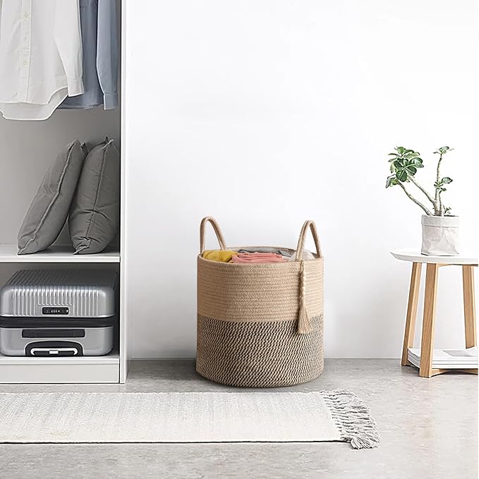 Mkono Woven Storage Basket for Blanket, Toys Plant Organizer, 16"W x 13.8"L | Yellow and Black, Decorative Basket with Handle, Wood Beads Tassel, Shoes Clothes Storage Bin, Living Room Bedroom Nursery