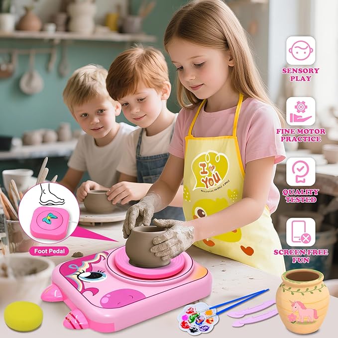 Pottery Wheel for Kids, Girls Arts and Crafts Toys for Kids Ages 8-12,Pottery Craft Kit with 3 Pack Air-Dry Clay, Art Supplies for Kids Toys Girls Birthday Gift for 6 7 8 9 10 11 12+ (Pink)