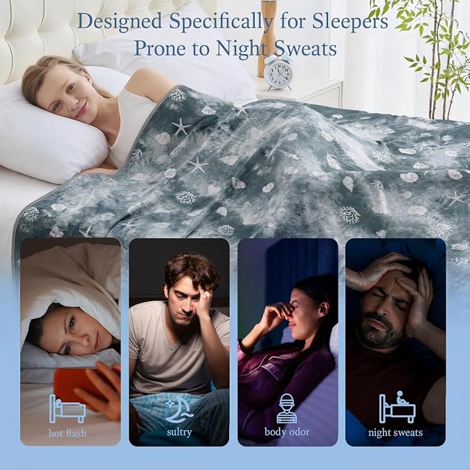 Cooling Blanket Throw Size (50"x70"), Double Sided Ice Cold Blanket for Hot Sleepers, Transfer Heat to Keep Cool, Soft Lightweight for Night Sweats, Bed & Couch, Ocean Design