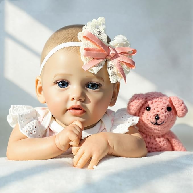 SCOM 18" Realistic Reborn Baby Girl Doll, Weighted Soft Cloth Body & Poseable Vinyl Limbs, Hand-Painted Details, Feeding Set, Lifelike Newborn Gift for Kids 3+ / Collectors