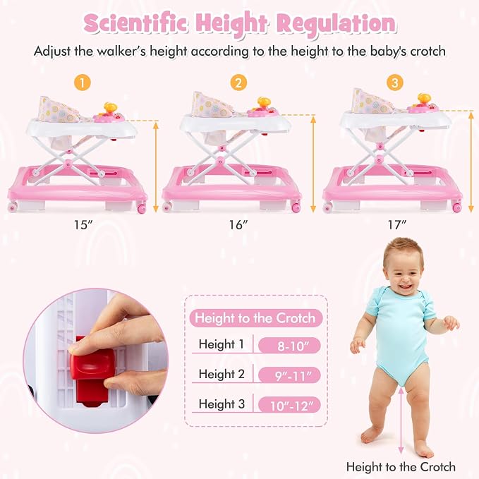 HONEY JOY Baby Walker, 5 in 1 Infant Activity Walker with Wheels, Music, Removable Cushion, Toddler Foldable Push Walker for Boys Girls, Anti-Rollover Walkers for Babies 7-14 Months (Pink)