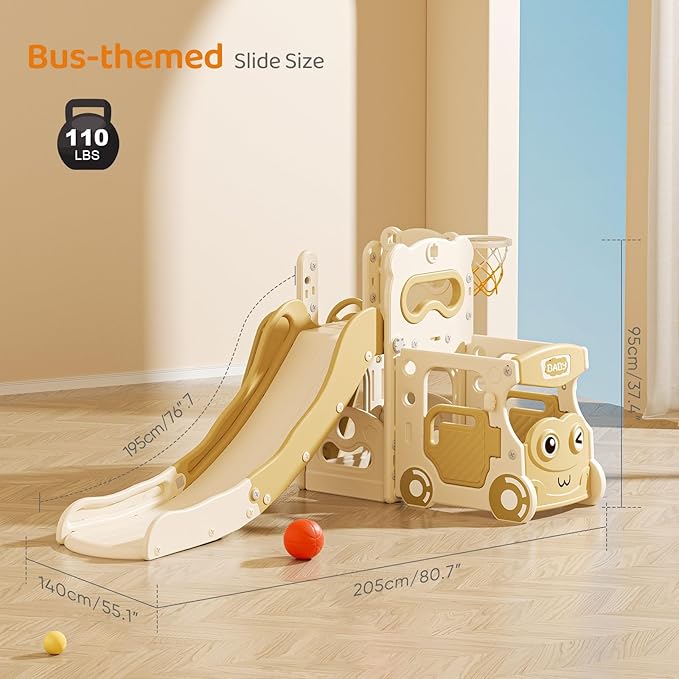 Lischwert 5 in 1 Toddler Slide, Indoor Slides Playground Set for Kids, Outdoor Slide Freestanding Playset, Toddler Playground with Basketball Hoop, Bus Playhouse and Climber for Kids Age 1+