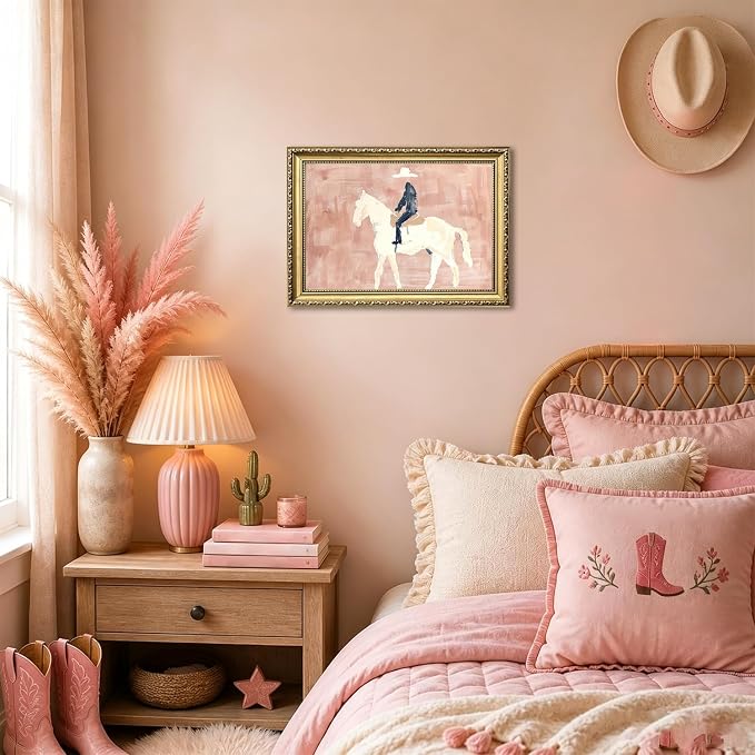 Gold Framed Western Cowboy Wall Art, Modern Abstract Cowboy on Horse Wall Decor Painting Vintage Southwestern Ranch Canvas Prints Picture for Farmhouse Living Room Bedroom 12x16 inch