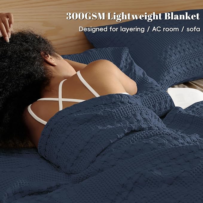 PHF 100% Cotton Waffle Weave Throw Blanket, Lightweight Breathable Summer Blanket for Couch Sofa, Pre-Washed Soft Throws for Bed, Office, Travel & Stylish Home Decor, 50"x60", Indigo
