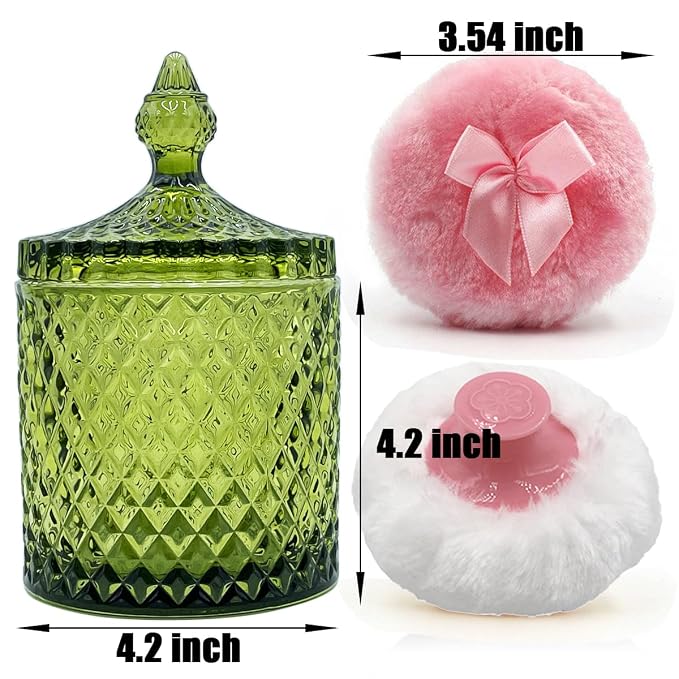 Luxury 4.2 Inch Glass Powder Container with 2 Plush Puffs｜Body Powder Puff with Jar (Pointed Cylinder-Olive Green-Large)