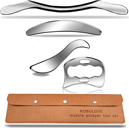 4 in 1 Professional Stainless Steel Muscle Scraper Tool Set, IASTM Tool, Scraping Tool Physical Therapy with Case