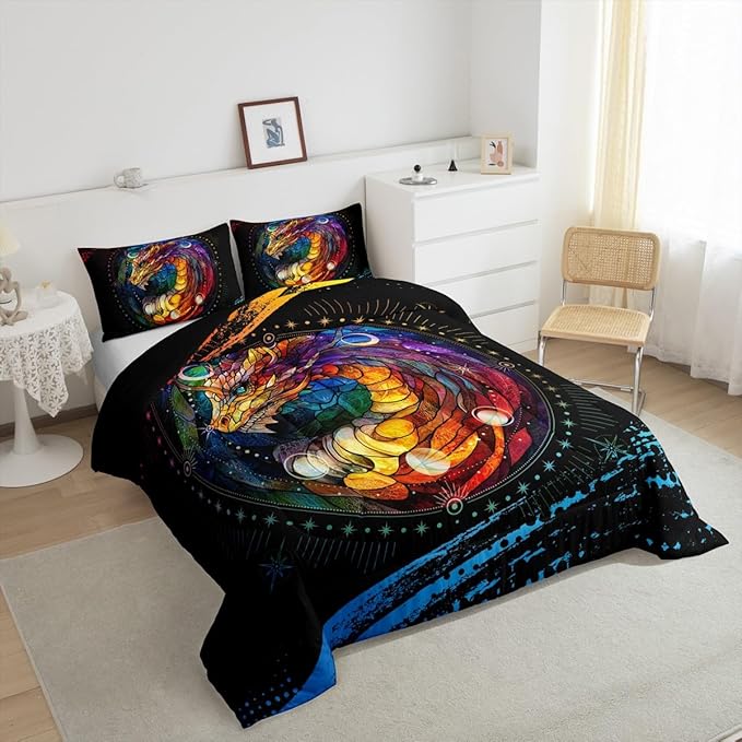 Feelyou Dragon Comforter Set Full Size Dragon Stuff Comforter for Boys Girls Teens Wild Life Bedding Set Dragon Decor Duvet Set Room Decor Black Orange Yellow Quilt Set