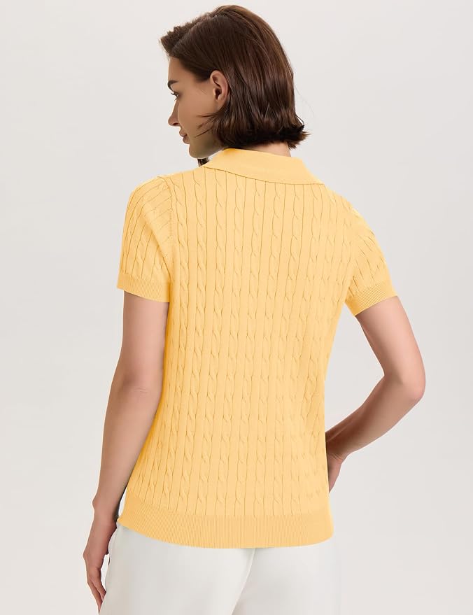 Micoson Womens Short Sleeve Sweater Tops Lapel V Neck Polo Shirts 2026 | Summer Cable Knit Loose Blouses, Business Casual Outfits